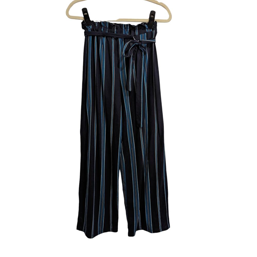 Monteau High Waisted Paperbag Blue Striped Belted Pants Size S